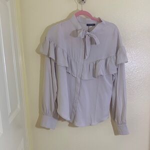 NWT Chic Women's Blouse with Bow and Ruffle - Light Gray